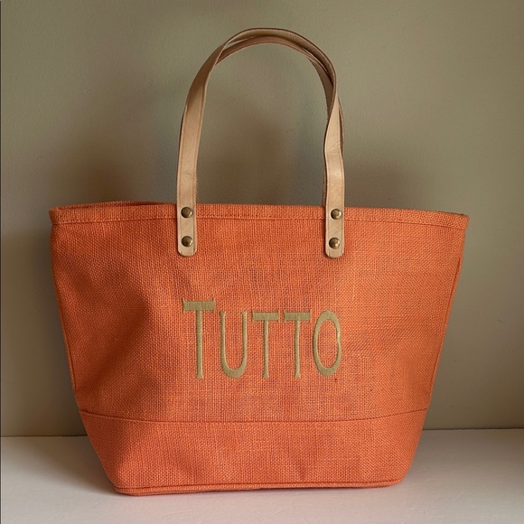 Ballard Designs Handbags - NWOT Ballard Jute Tote Bag in Orange with ‘Tutto’ Embroidered Design